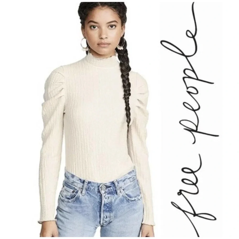 FREE PEOPLE Women Ela Mock Neck Puff Sleeve Long Sleeve Top Sz M Ivory Boho